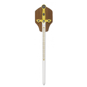 Espada Templária dourada com soporte em madeira - 1