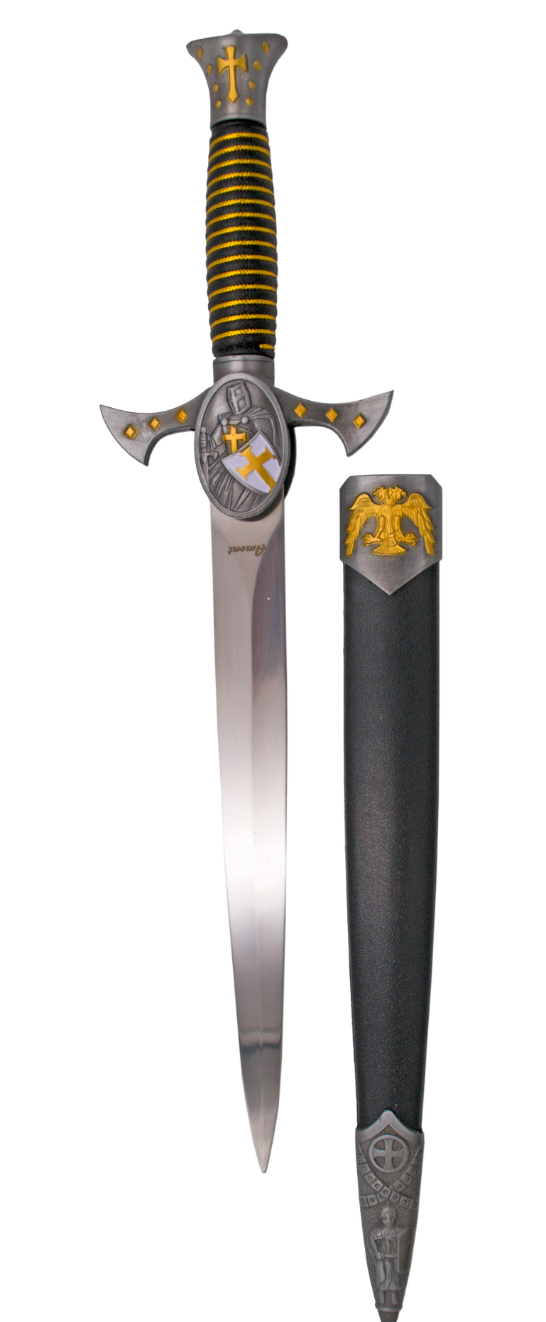 Templar dagger, the pommel has polished metal finish with golden de...