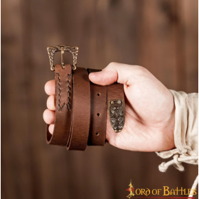 Cinturón de cuero vikingo adornado con hebilla de latón antiguo y capucha  - 1