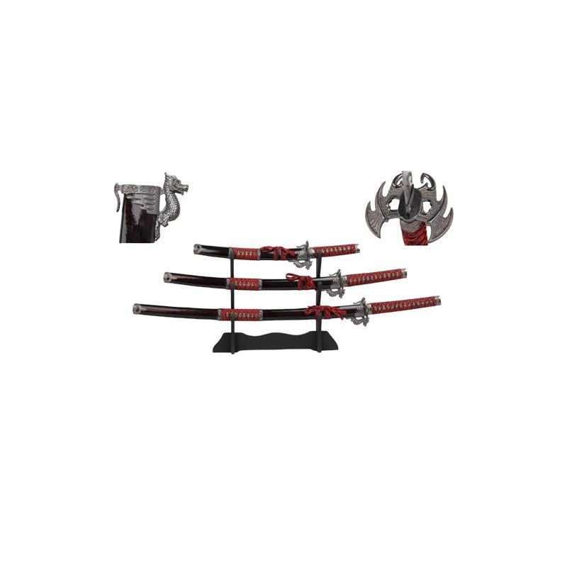 CONJUNTO DE 3 ESPADAS SAMURAI COM SUPORTE - DRAGÃO (KATANA, WAKIZASHI E TANTO) - 1