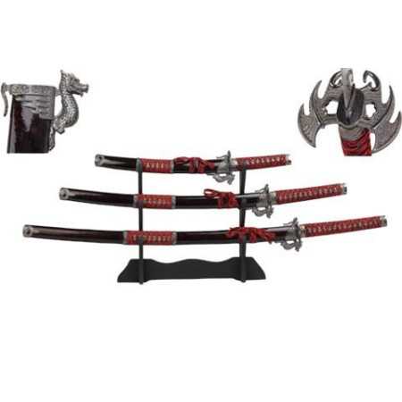 SET DE 3 ESPADAS SAMURÁI CON SOPORTE - DRAGÓN (KATANA, WAKIZASHI Y TANTO) - 1