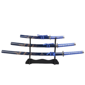 SET OF 3 SAMURAI SWORDS WITH STAND - BLUE (KATANA, WAKIZASHI & TANTO)  - 1