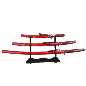 SET OF 3 SAMURAI SWORDS WITH STAND - RED (KATANA, WAKIZASHI & TANTO)  - 1