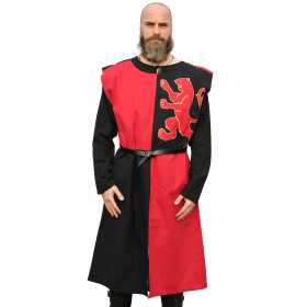 Medieval Lion-Lined Tabard, Mi-Parti, red - black